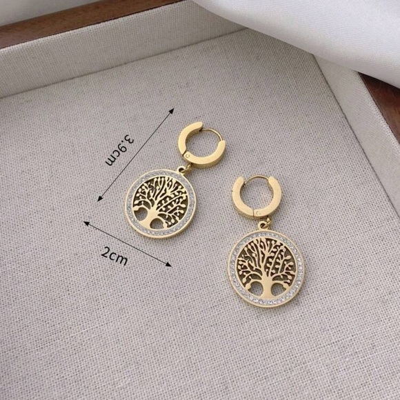 Gold Tree of Life Earrings – Zircon Stone Accents - Picture 1 of 7